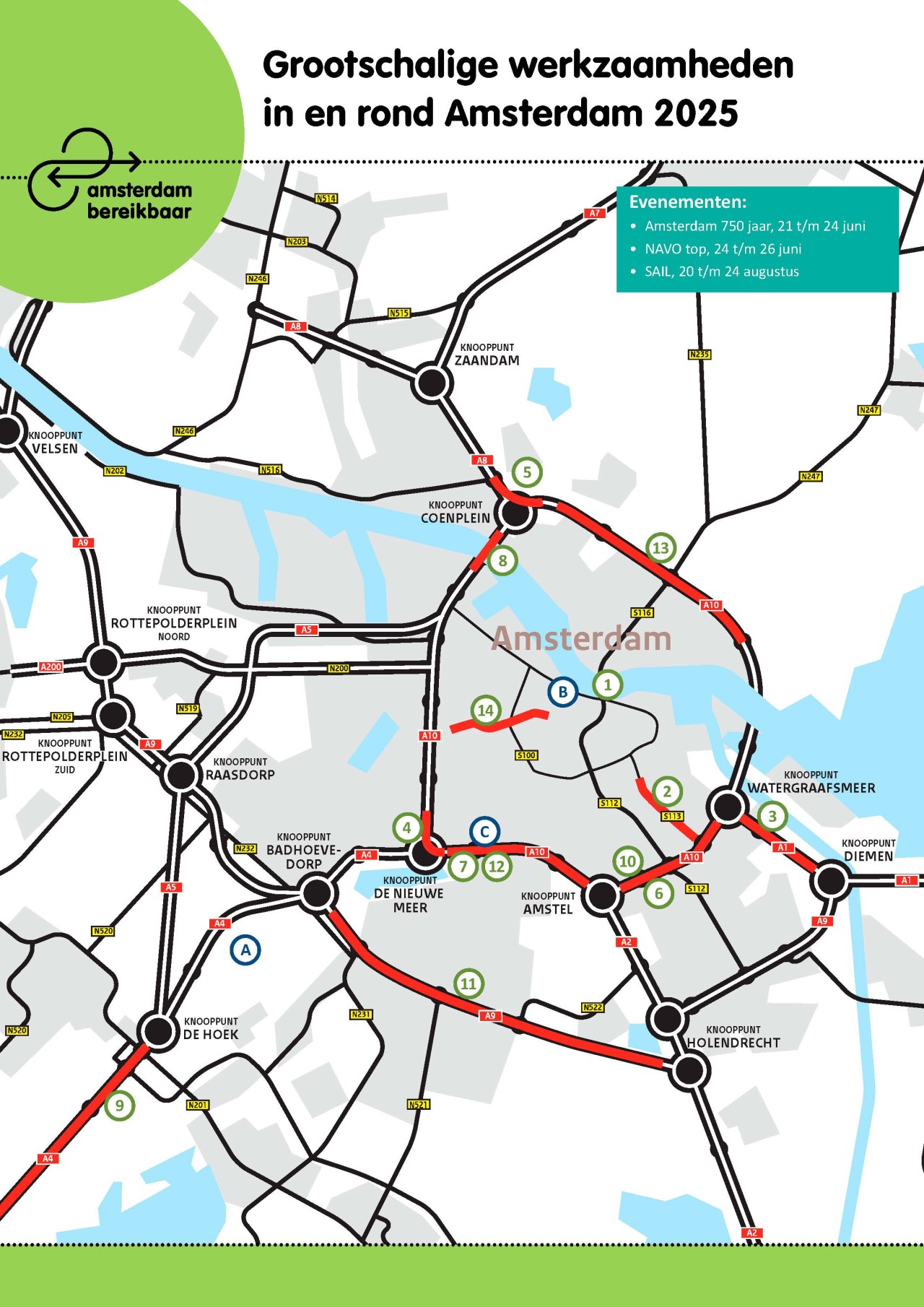 Een kaart met de grootste wegafsluitingen in Amsterdam in 2025