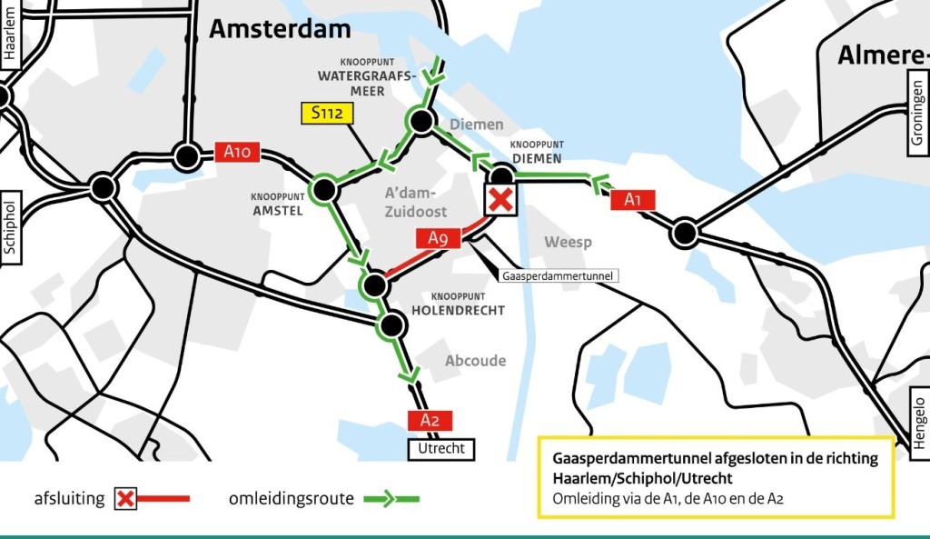 Gaasperdammertunnel Amsterdam omleidingskaart