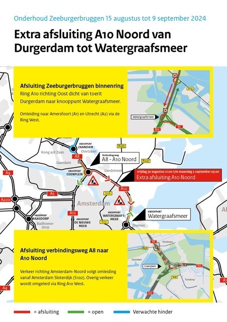 Kaart met de afsluitingen op de A10 Noord en verbindingsweg A8