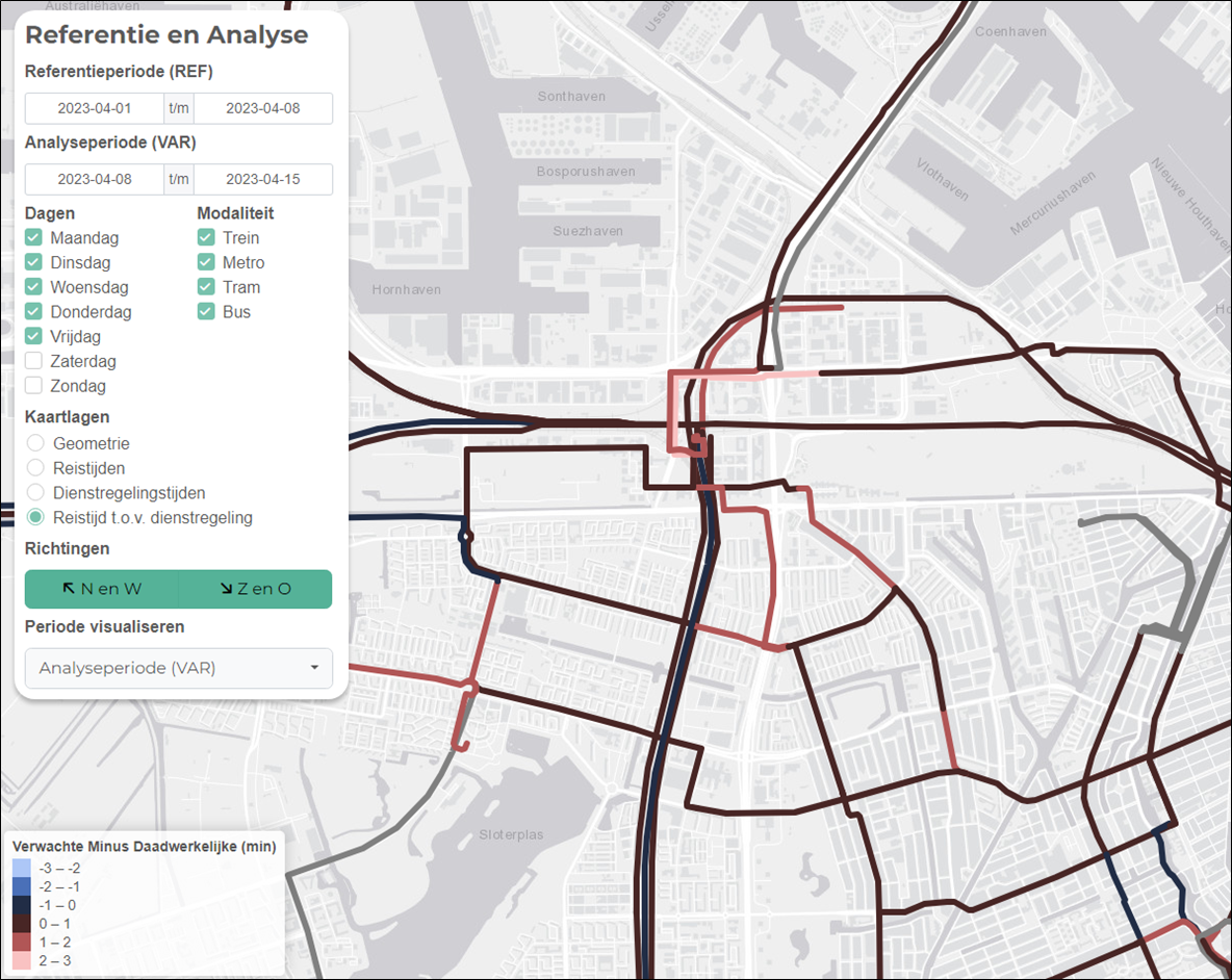 Een screenshot uit de OV-tool met rode en zwarte lijnen. De rode lijnen zijn 1 tot 2 minuten vertraging de zwarte 0 tot 1 minuten vertraging.