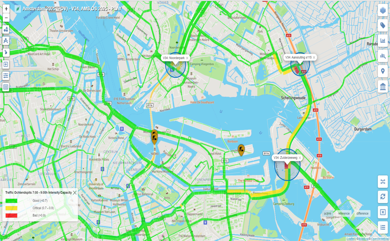 Een kaart met daarin de verkeersintensiteit, rood is druk, groen is rustig en geel valt daartussen.