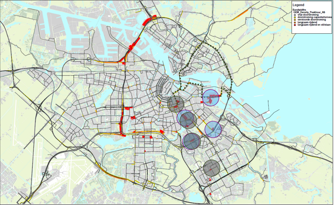 Knelpunten weg, veroorzaakt door project 2 (grijze cirkels)