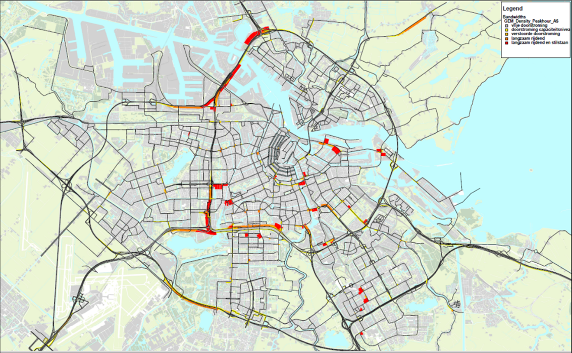 Output van een macroscopisch-dynamisch verkeersmodel op een kaart van Amsterdam