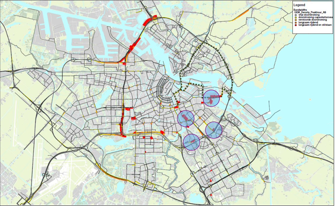 Knelpuntenweg, veroorzaakt door werkzaamheden project 1 (blauwe cirkels)