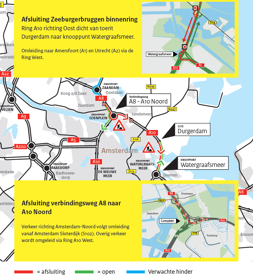 Plattegrond van binnenring A10 met de afsluiting weergegeven